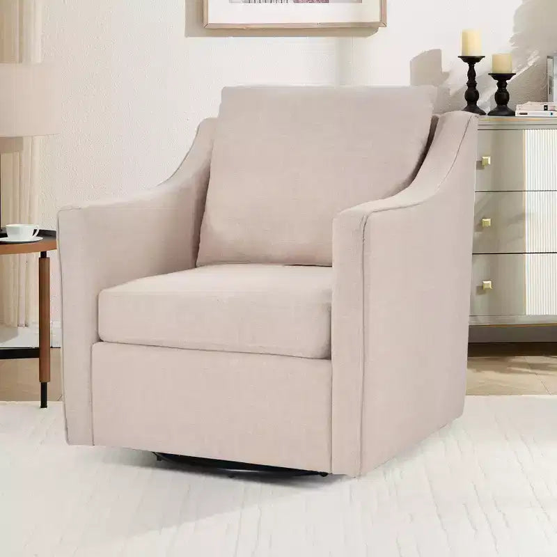 Poltrona girevole quadrata, colore beige/avena, rivestita in lino, 1 posto