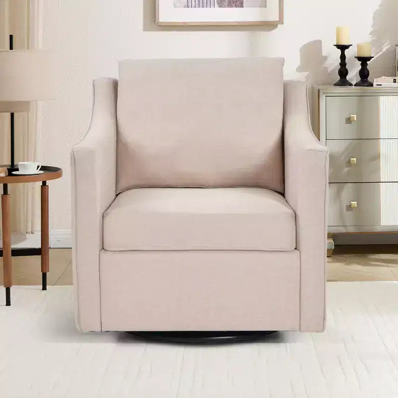 Poltrona girevole quadrata, colore beige/avena, rivestita in lino, 1 posto