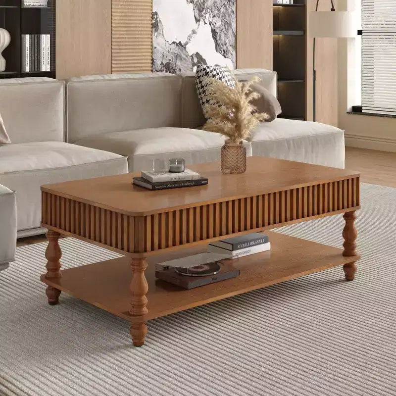 Tavolino da caffè vintage marrone con piano sollevabile, monoposto