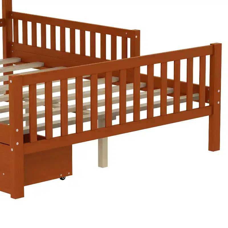 Letto a piattaforma matrimoniale in noce con sponde di sicurezza e 2 cassetti, per 1 bambino