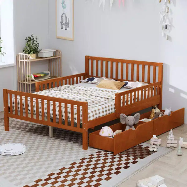 Letto a piattaforma matrimoniale in noce con sponde di sicurezza e 2 cassetti, per 1 bambino
