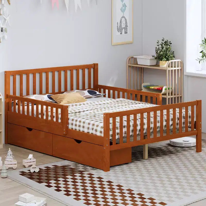 Letto a piattaforma matrimoniale in noce con sponde di sicurezza e 2 cassetti, per 1 bambino