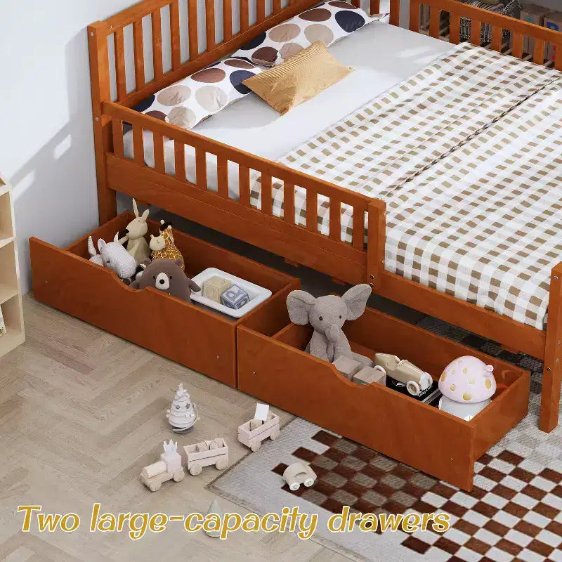 Letto a piattaforma matrimoniale in noce con sponde di sicurezza e 2 cassetti, per 1 bambino