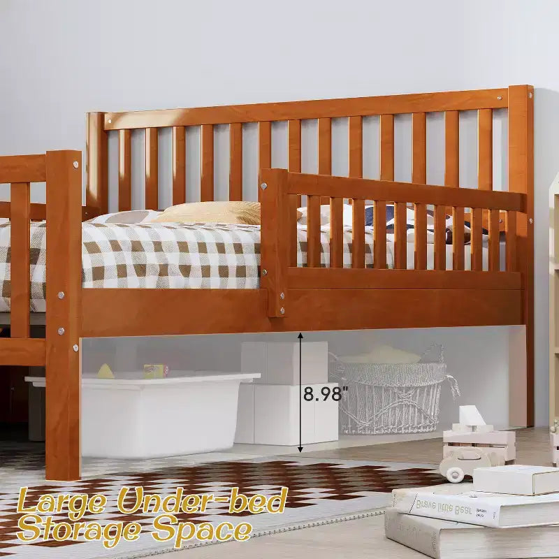 Letto a piattaforma matrimoniale in noce con sponde di sicurezza e 2 cassetti, per 1 bambino