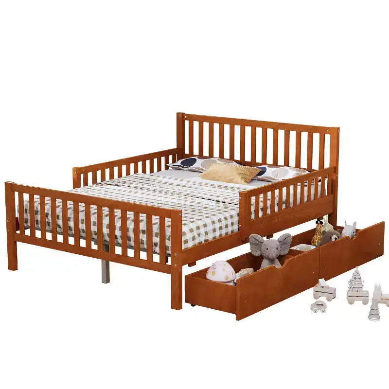 Letto a piattaforma matrimoniale in noce con sponde di sicurezza e 2 cassetti, per 1 bambino