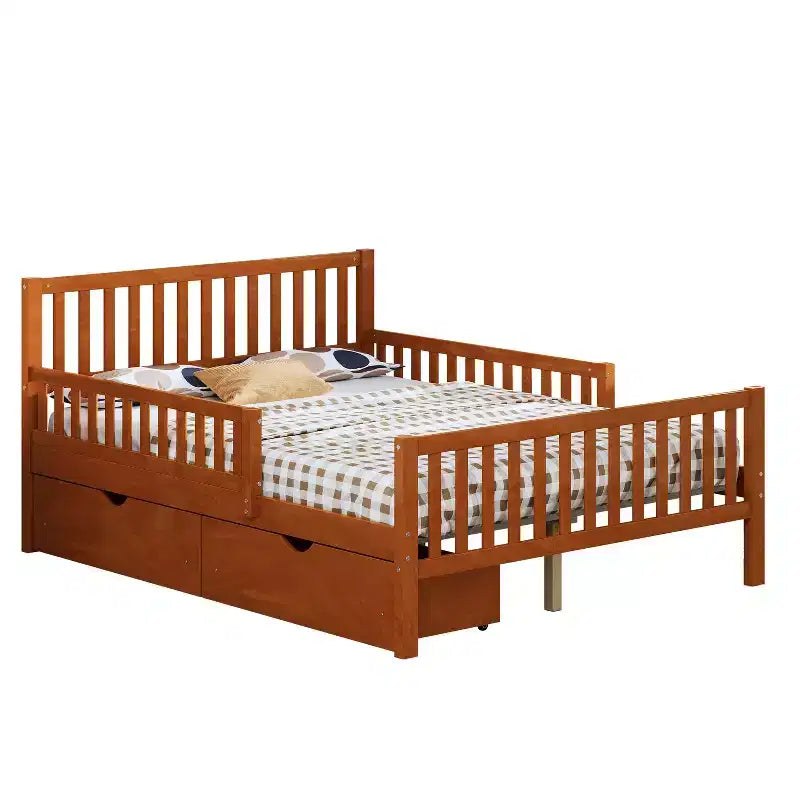 Letto a piattaforma matrimoniale in noce con sponde di sicurezza e 2 cassetti, per 1 bambino