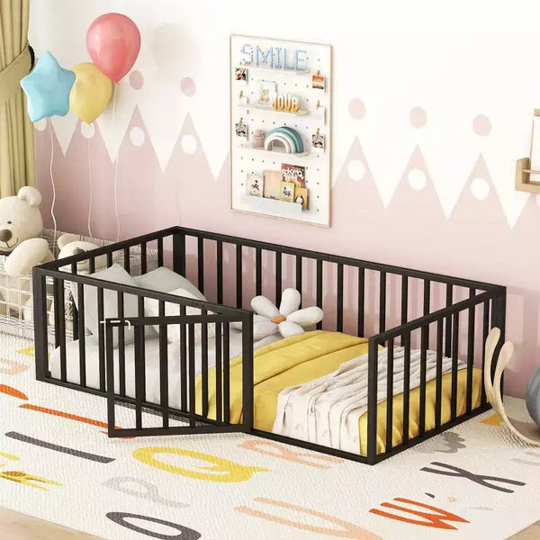 Struttura letto a terra in metallo nero/rosa/bianco con recinzione e porta, singola/matrimoniale/queen size, 1 persona