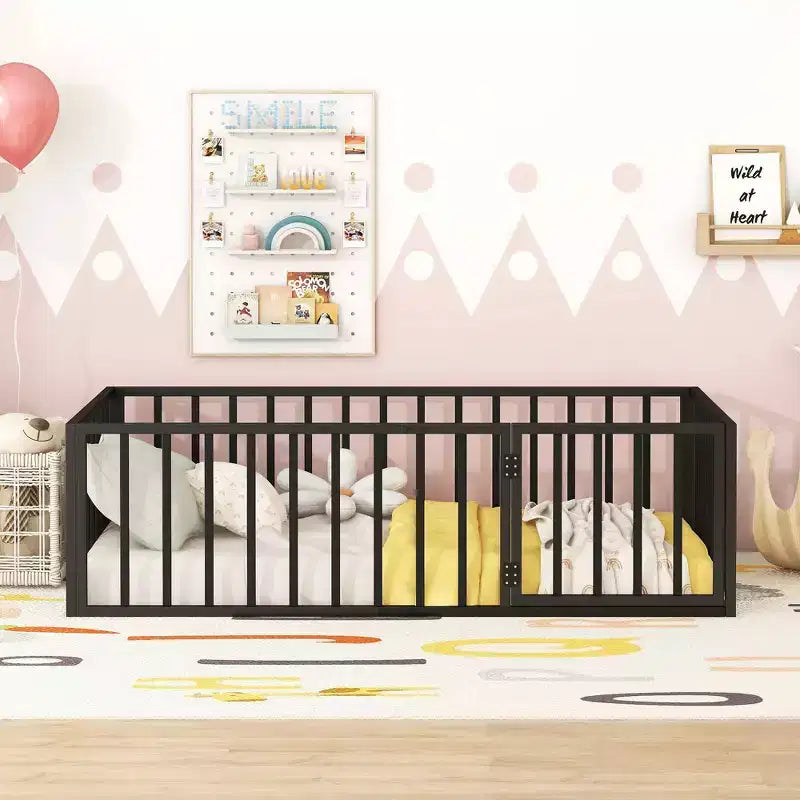 Struttura letto a terra in metallo nero/rosa/bianco con recinzione e porta, singola/matrimoniale/queen size, 1 persona