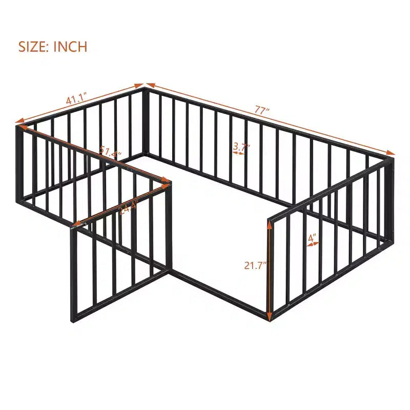 Struttura letto a terra in metallo nero/rosa/bianco con recinzione e porta, singola/matrimoniale/queen size, 1 persona
