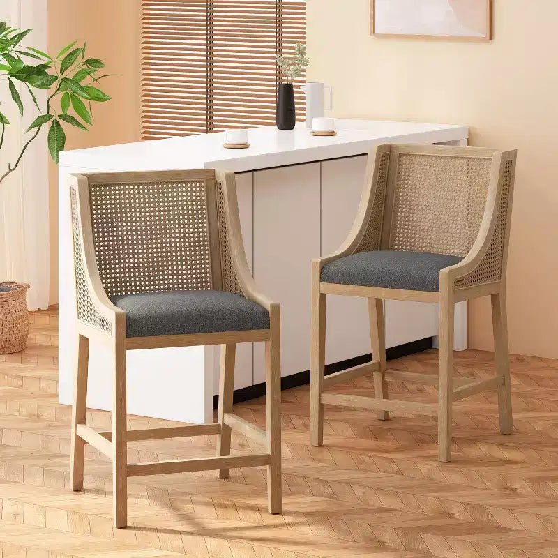 Sgabello da bancone con schienale squadrato, color carbone/naturale, set da 2 pezzi