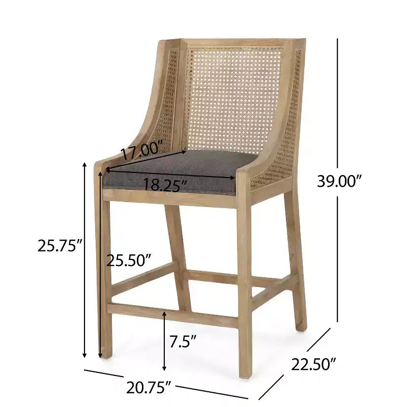 Sgabello da bancone con schienale squadrato, color carbone/naturale, set da 2 pezzi