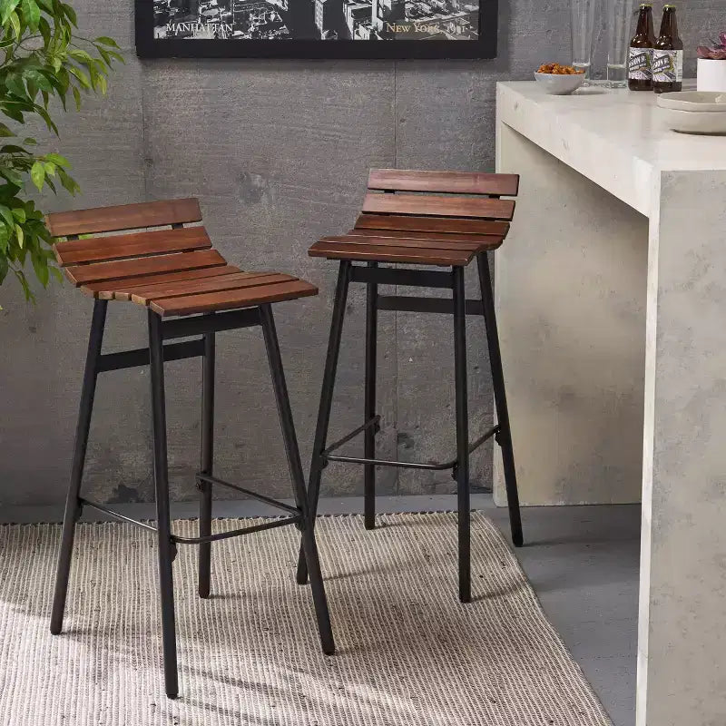 Sgabello da bar in legno marrone/grigio, schienale basso senza braccioli, set da 2
