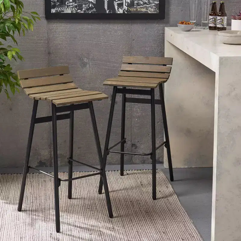 Sgabello da bar in legno marrone/grigio, schienale basso senza braccioli, set da 2