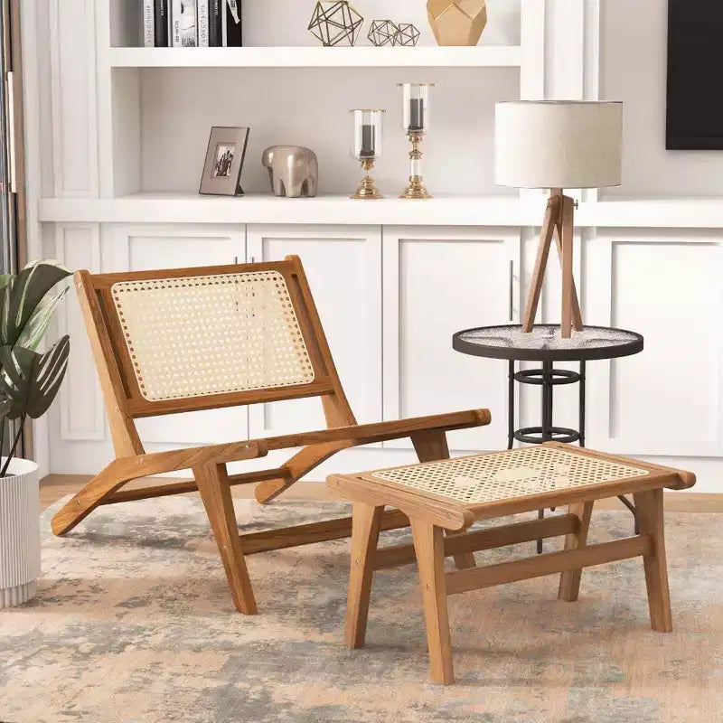 Poltrona Lounge in teak naturale e rattan con pouf, 1 posto