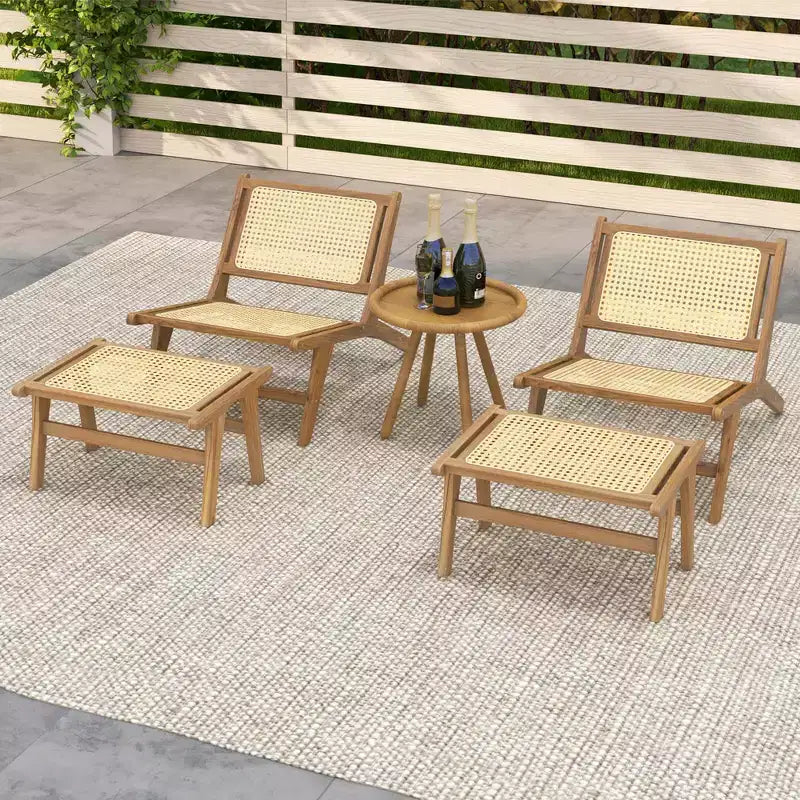 Poltrona Lounge in teak naturale e rattan con pouf, 1 posto