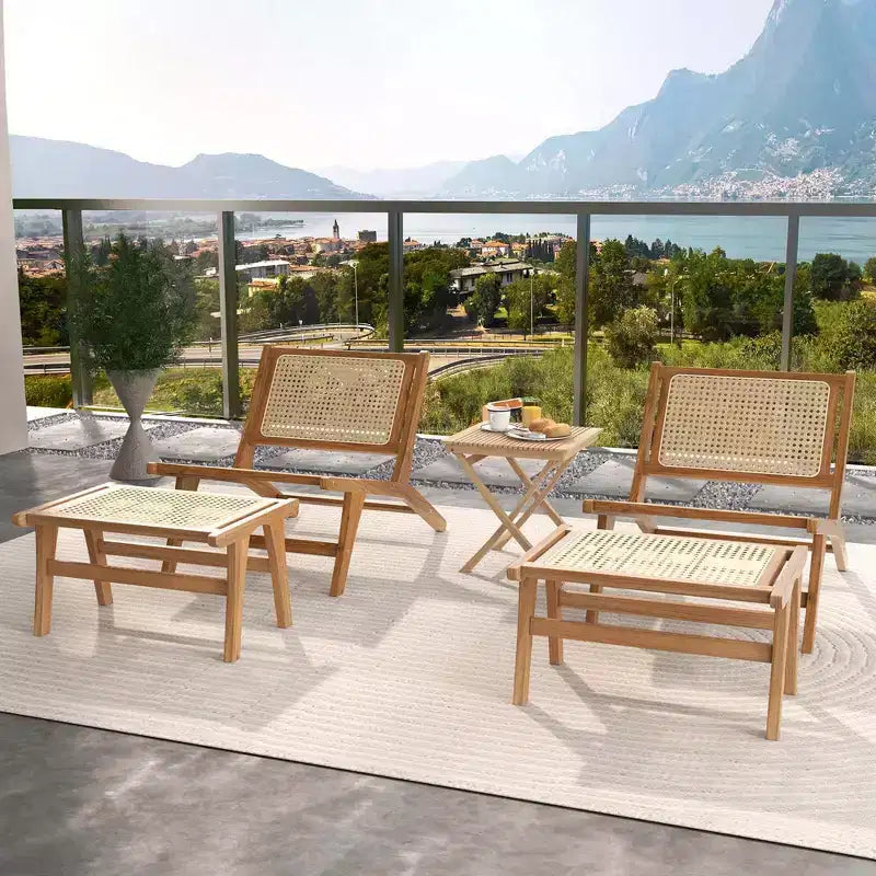 Poltrona Lounge in teak naturale e rattan con pouf, 1 posto