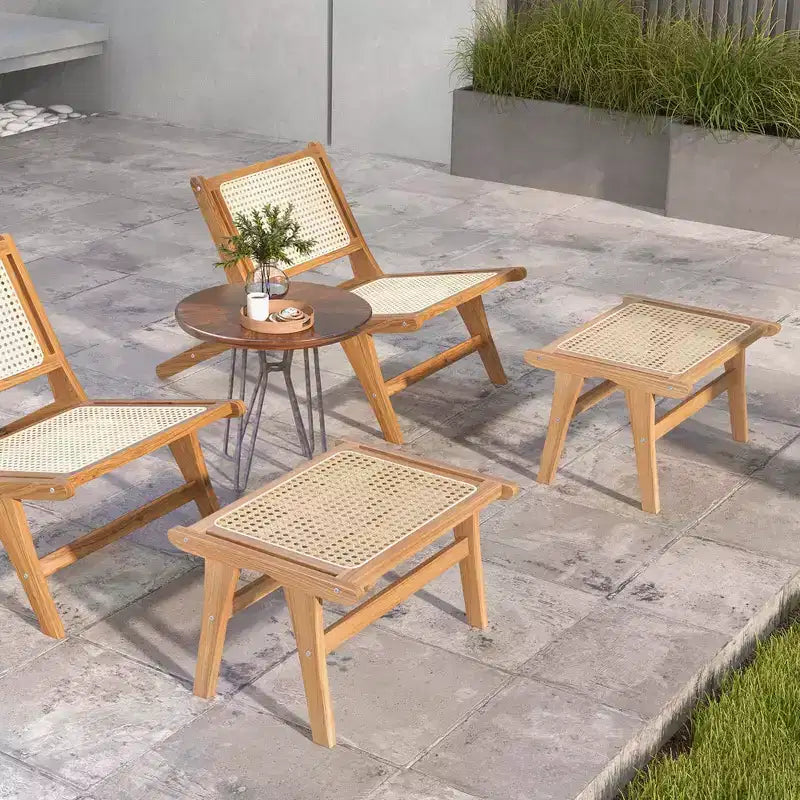 Poltrona Lounge in teak naturale e rattan con pouf, 1 posto